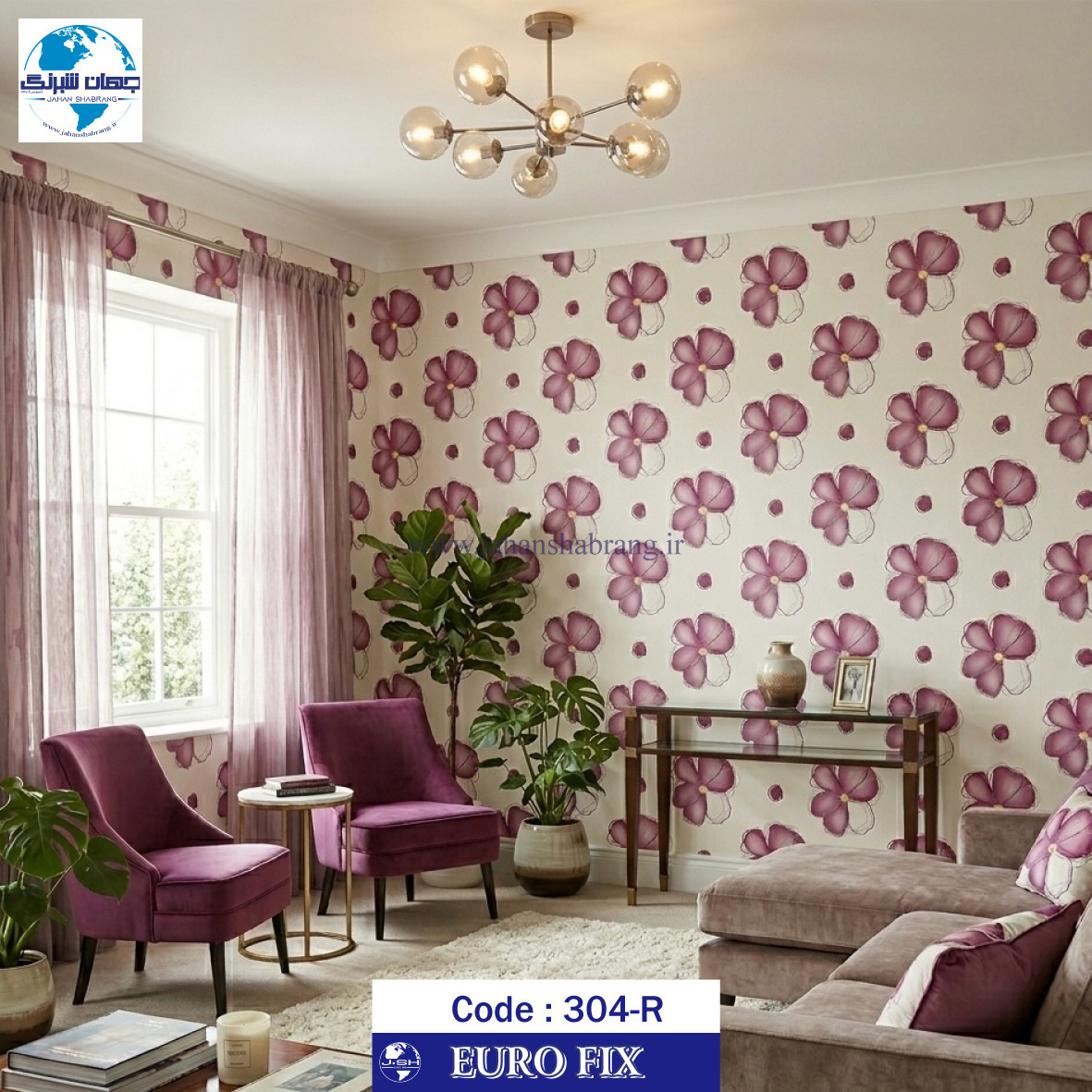 طرح‏ ‏کاغذ‏ ‏دیواری‏  سفید گل صورتی یورو فیکس‏ ‏‏کد 304R