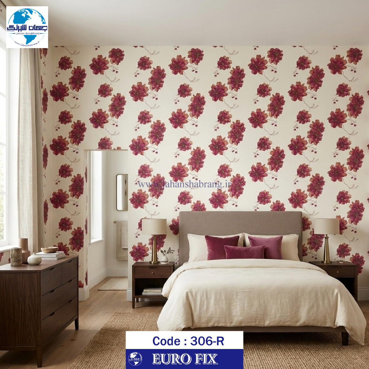طرح‏ ‏کاغذ‏ ‏دیواری‏ سفید گل قرمز یورو فیکس‏ ‏‏کد 306R